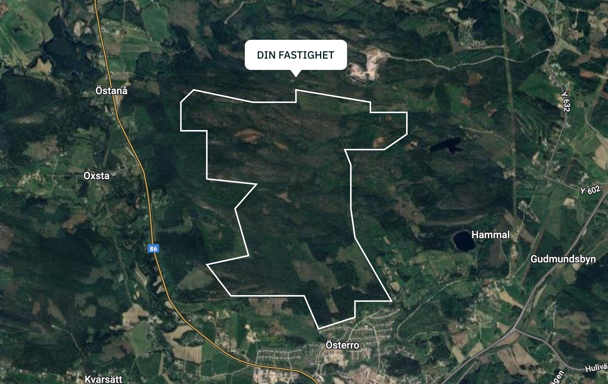 Flygvy över en fastighet markerad på karta